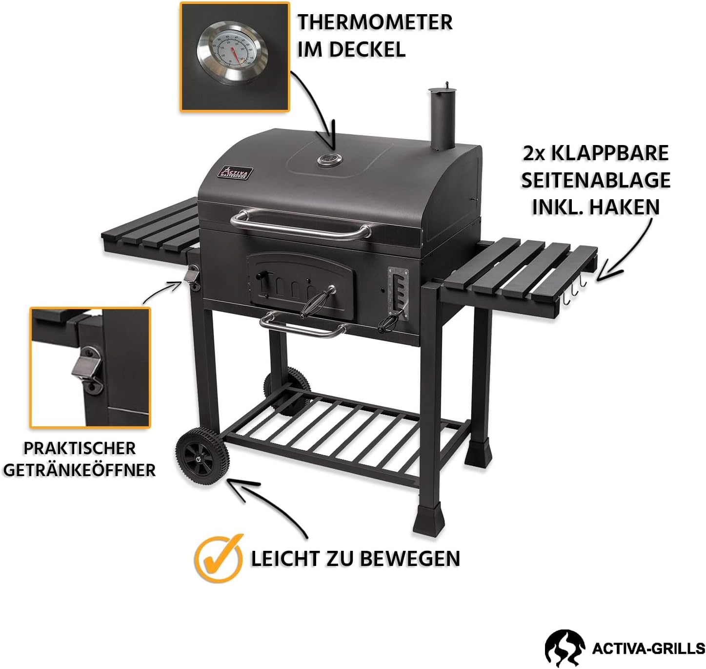 ACTIVA Holzkohlegrill Angulatus I Holzkohlegrill mit Deckel, verstellbarer Kohlewanne & Thermometer I Grillwagen für ein gelungenes Barbecue