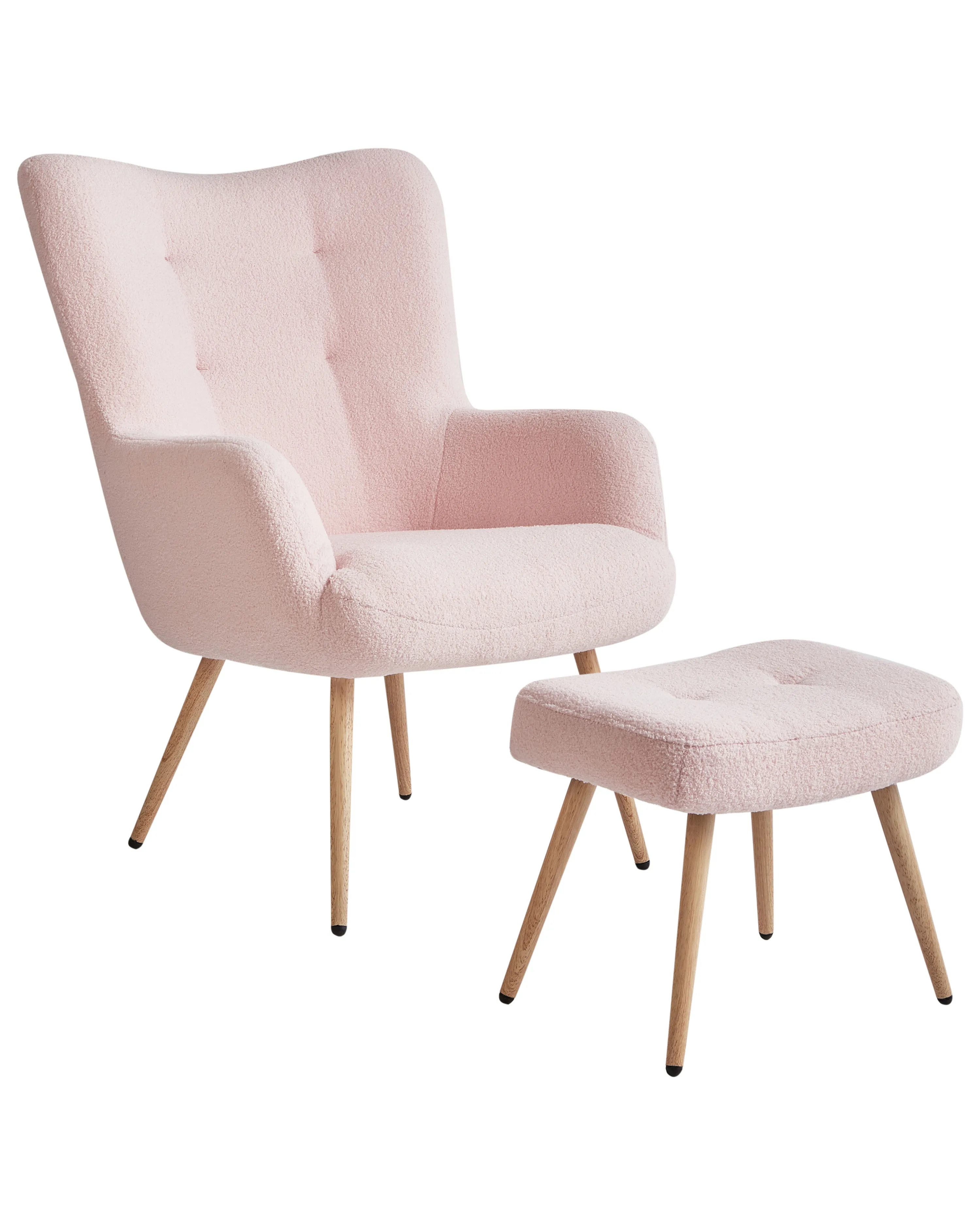 Oorfauteuil VEJLE met voetenbank Bouclé Pastelroze