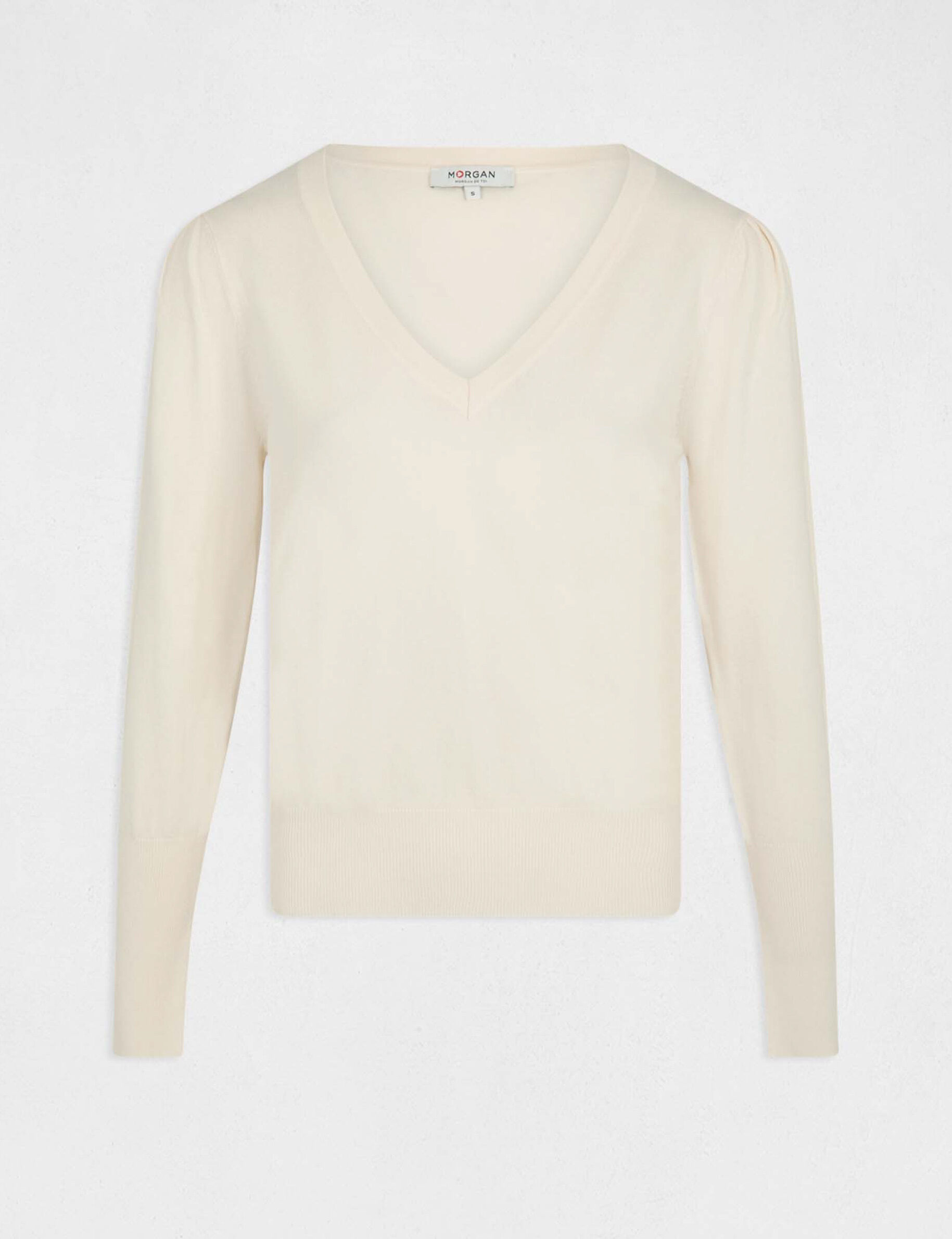 Pull manches longues avec col en V ivoire femme - ivoire