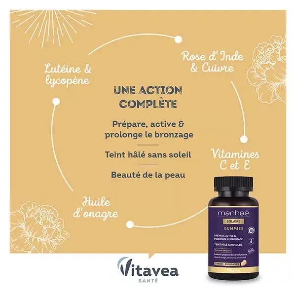 Gomas Manhaé Solaire: Prepara, ativa e prolonga o bronzeado. 60 gomas.