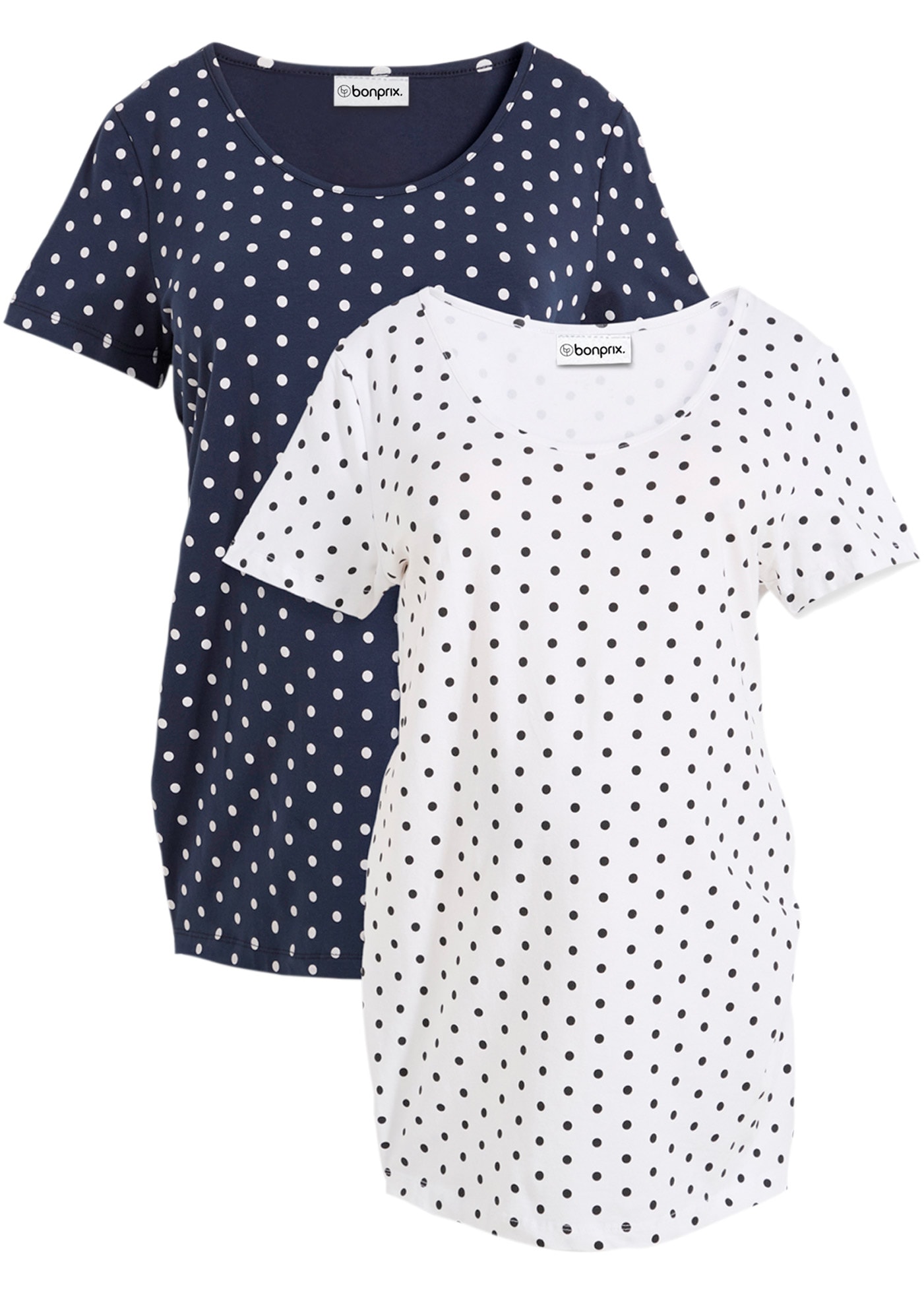 bonprix Umstandsshirt Packung, 2 tlg. figurbetonte Passform, seitliche Raffungen, gepunktetes Design