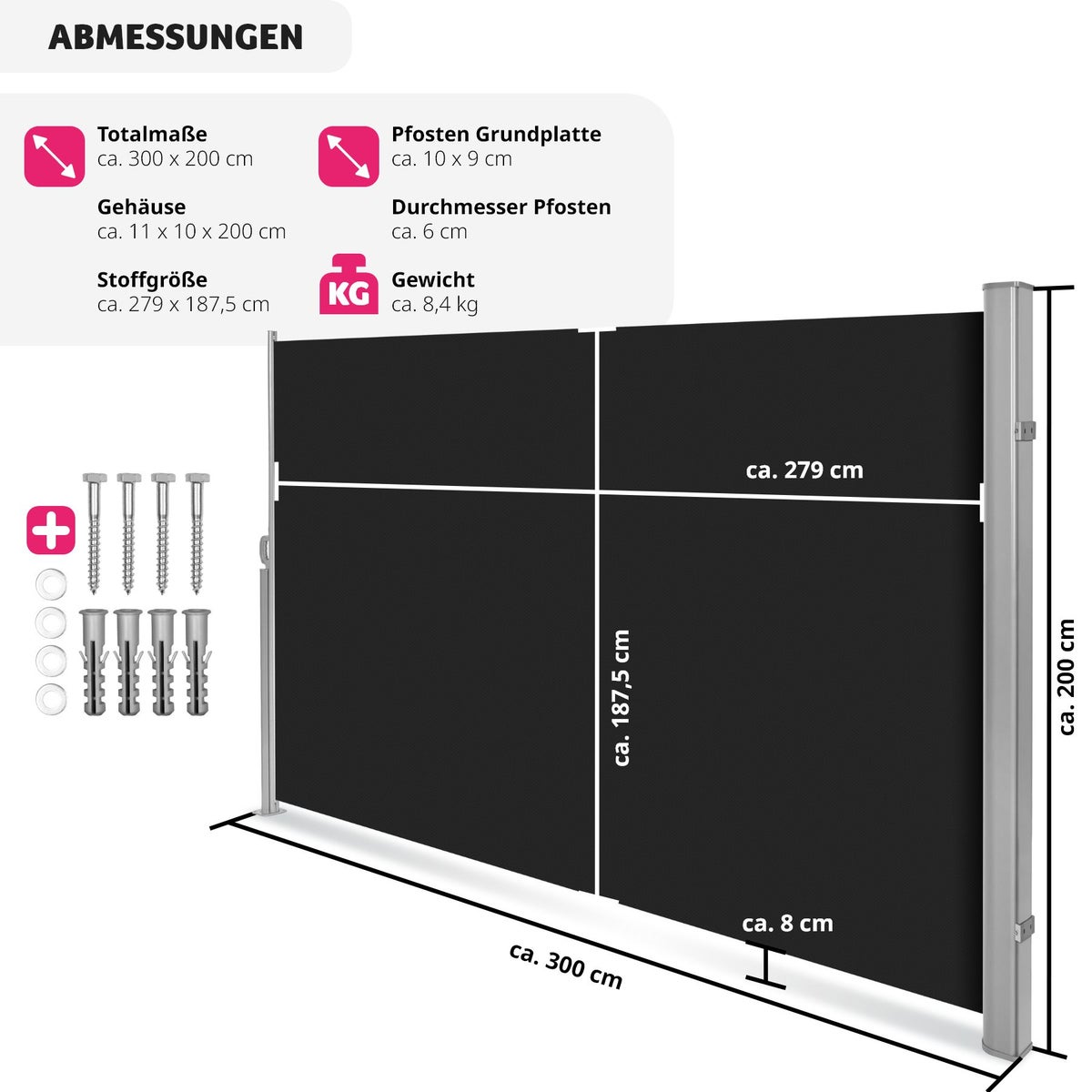 tectake aluminium zijluifel, 200 x 300 cm