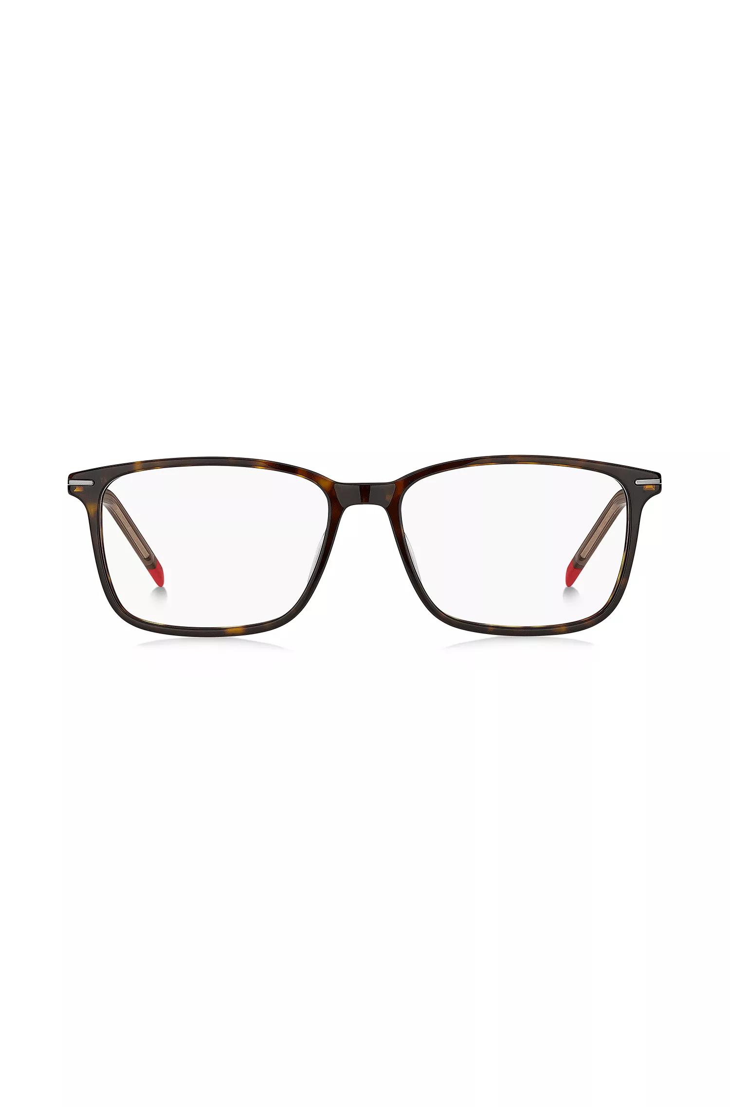 Armação de óculos HUGO em acetato vermelho Havana com detalhes em vermelho.
