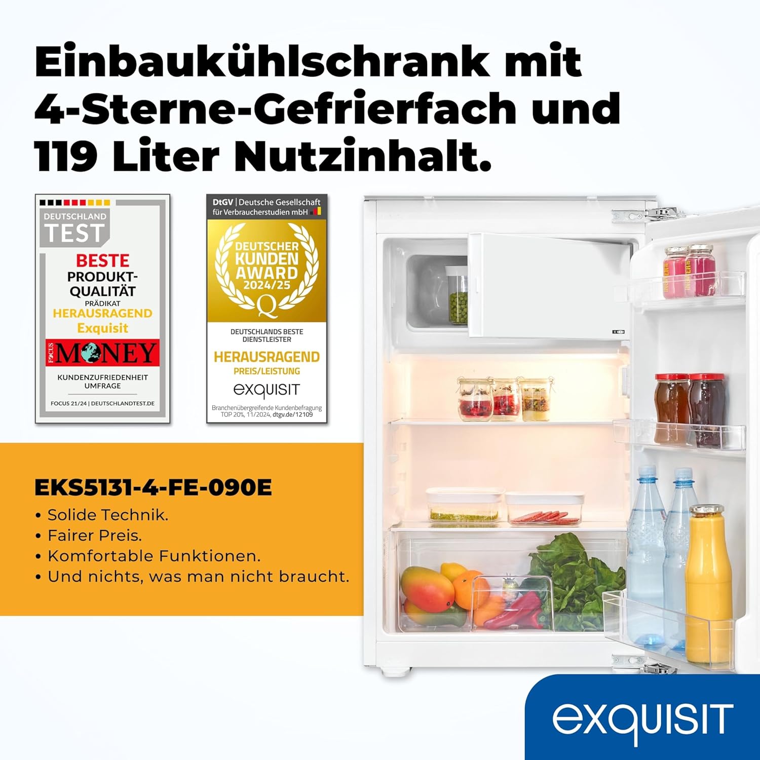 Exquisit Einbaukühlschrank mit Gefrierfach | 119 l Nutzinhalt, Energieklasse E, 40 dB(A) | kompakte Bauform, 4-Sterne-Gefrierfach, LED-Beleuchtung, elektronische Regelung | EKS5131-4-FE-090E