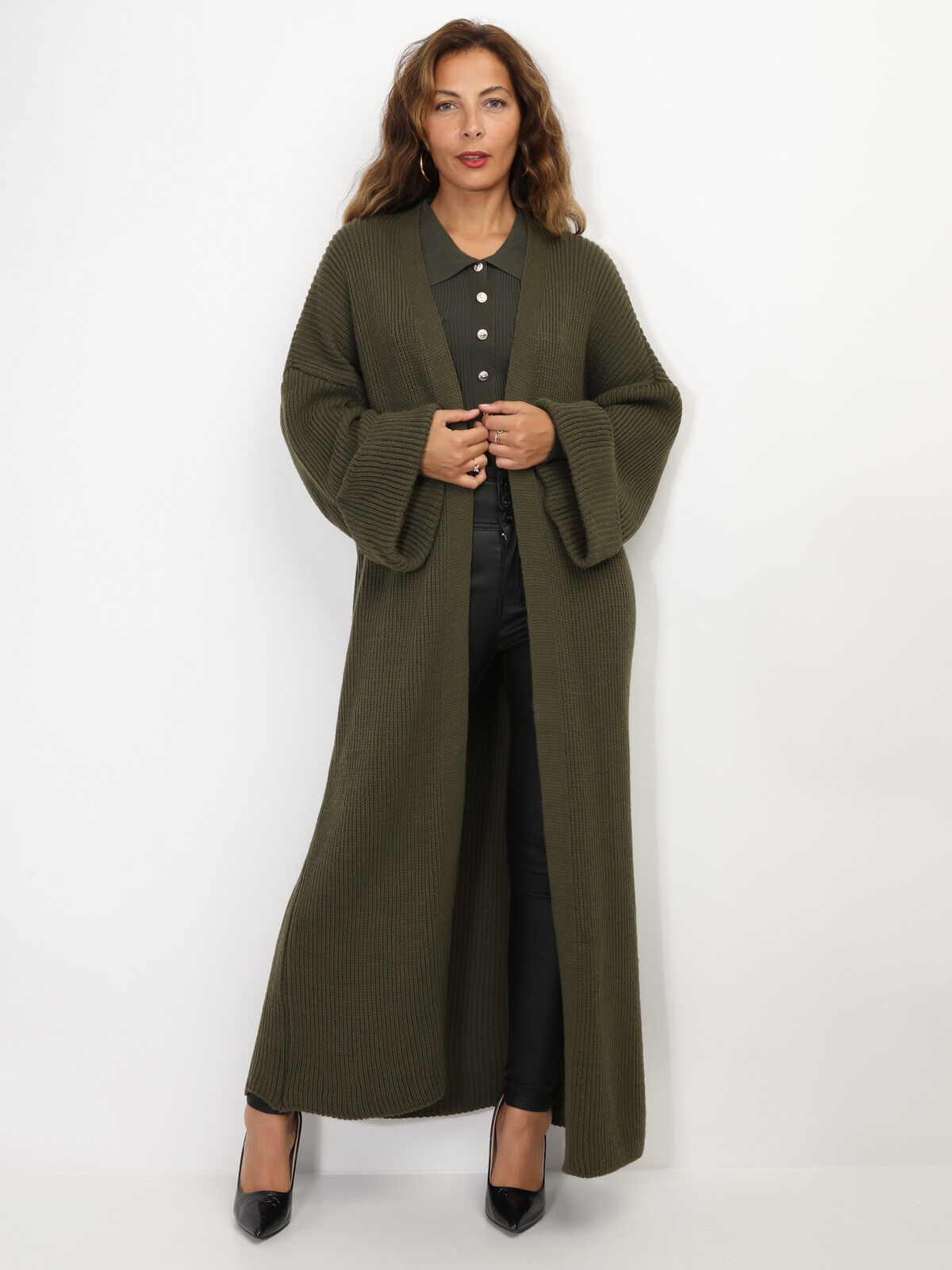 Gilet long à manches évasées- Kaki