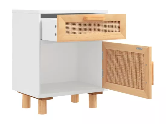 Table de chevet Blanc Bois de pin massif et rotin naturel