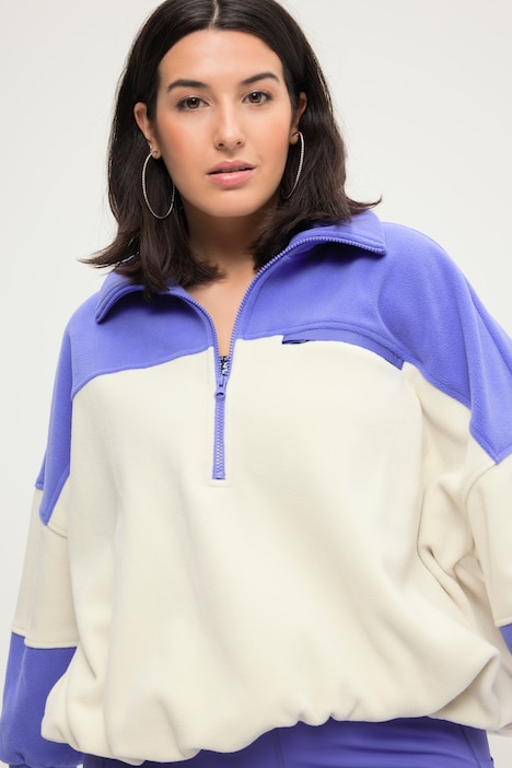 Fleece-Sweater, Boxy Shape, Colorblocking, Stehkragen mit Zipper