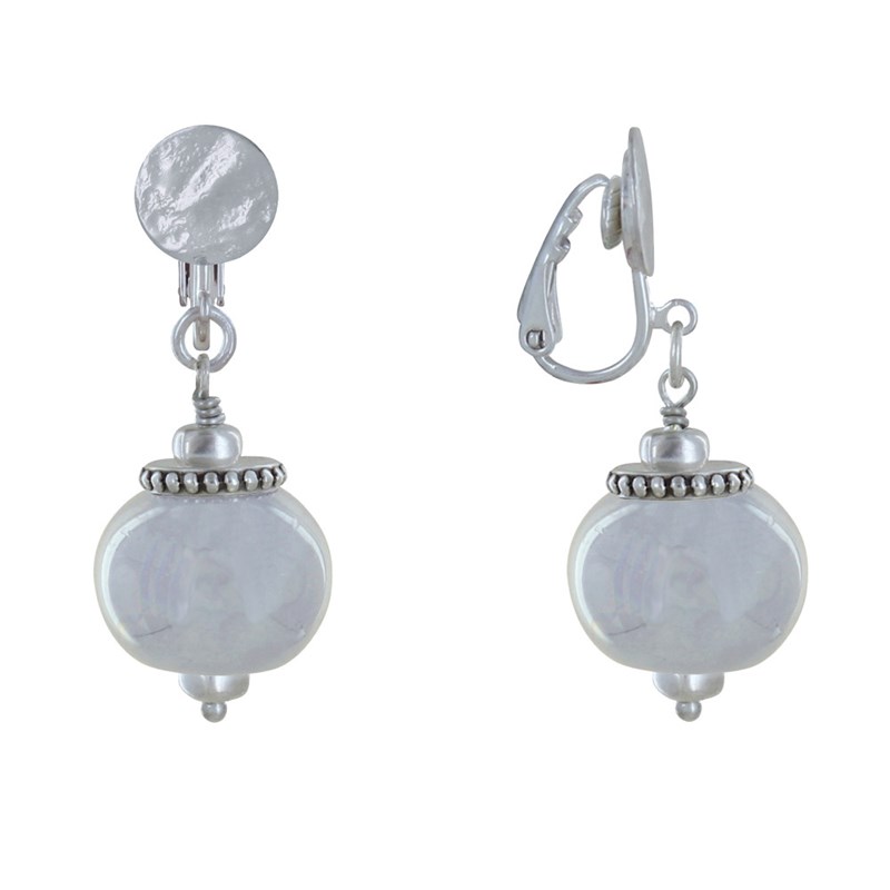 Boucles d'Oreilles Clip Métal Argenté et Grosses Perles en Céramique