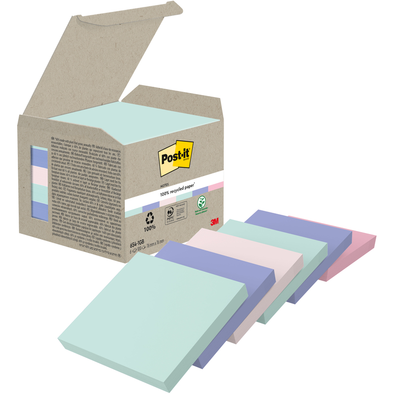 Post-it Haftnotizen Recycling, pastell Rainbow, 76 x 76 mm, 6 x 100 Blatt