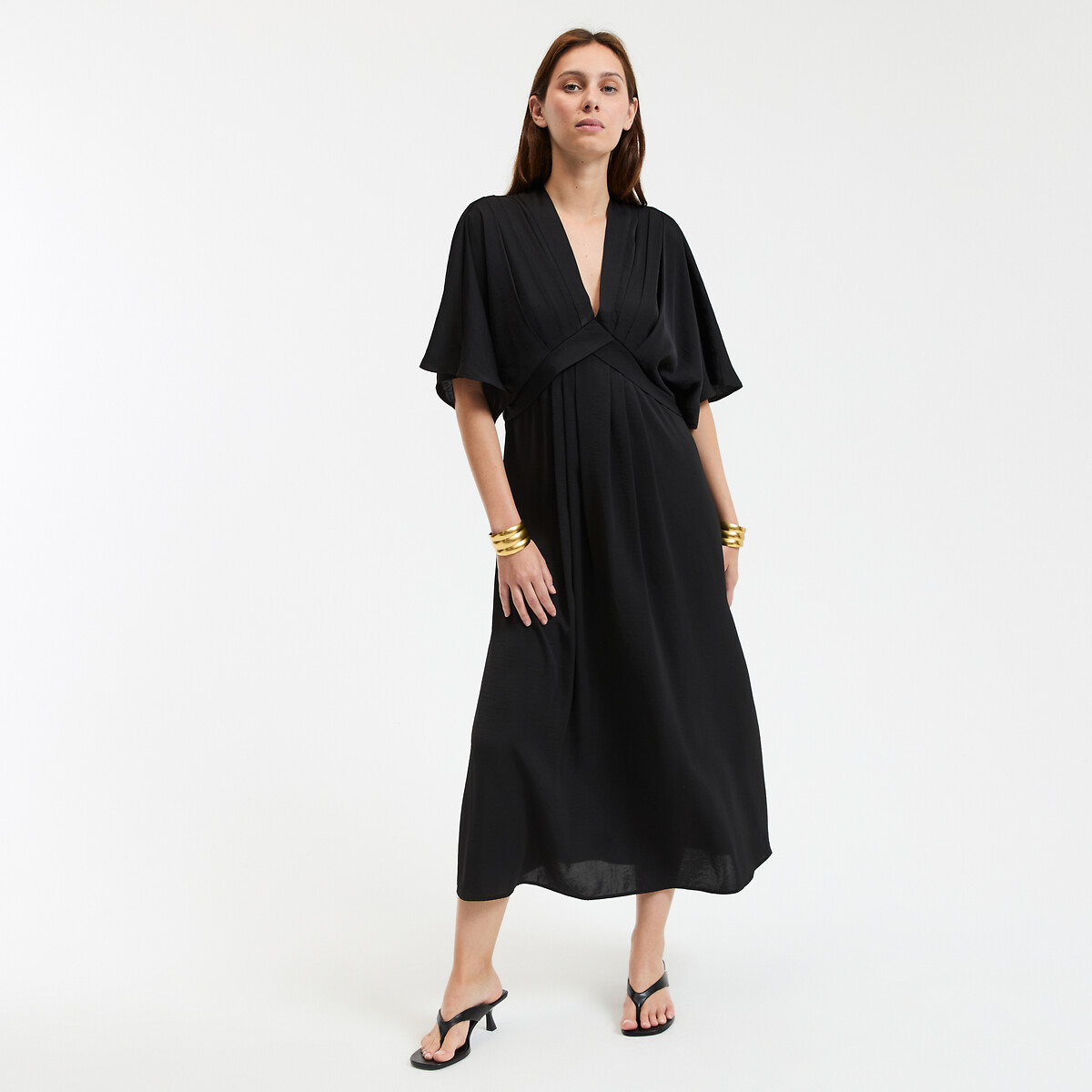 COLEÇÃO LA REDOUTE<br>Vestido longo com estampa de bandeira, decote em V e mangas até o cotovelo