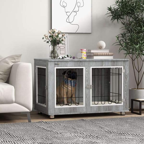 Hundebur, Hundehus, Med Pute, 2 Låser For Mellomstore Hunder, Hundebur Med Doble Dører, Hundehus, Grå, 90 X 58 X 65 Cm