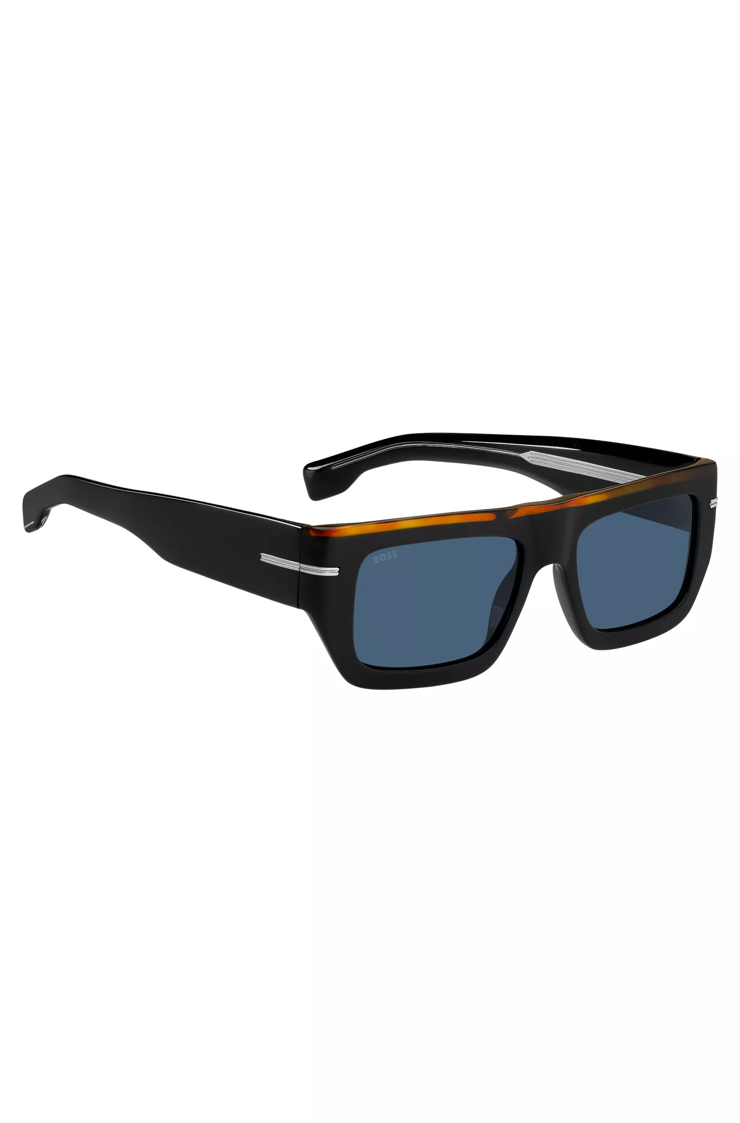 Óculos de sol BOSS em acetato preto com detalhes coloridos.