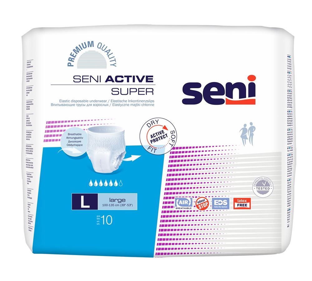 Seni Active Super Pants Einweghosen<br>10 Stück, Beutel, L, atmungsaktiv Hüftumfang 100-135cm 6 Tropfen