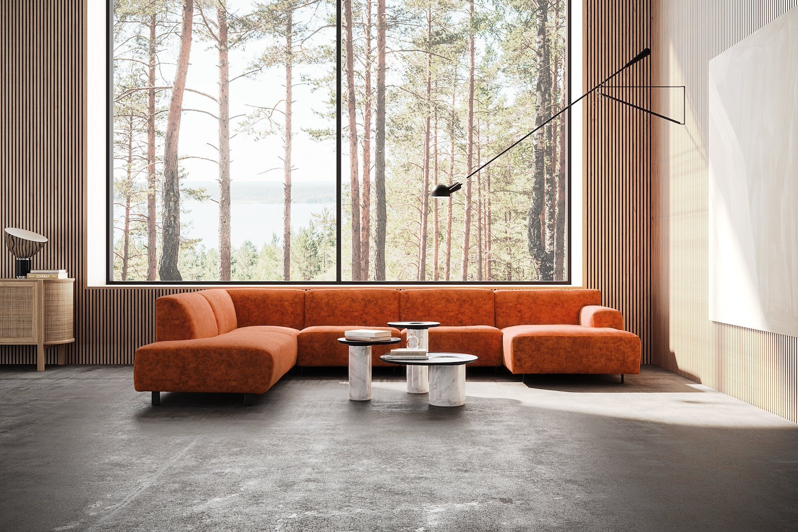 Vesta U-sofa Sjeselong høyre, 3-seter og åpen ende venstre. Big hjørnemodul, Tekstil Eros Bronze, sort metallben 10 cm, Comfort CM