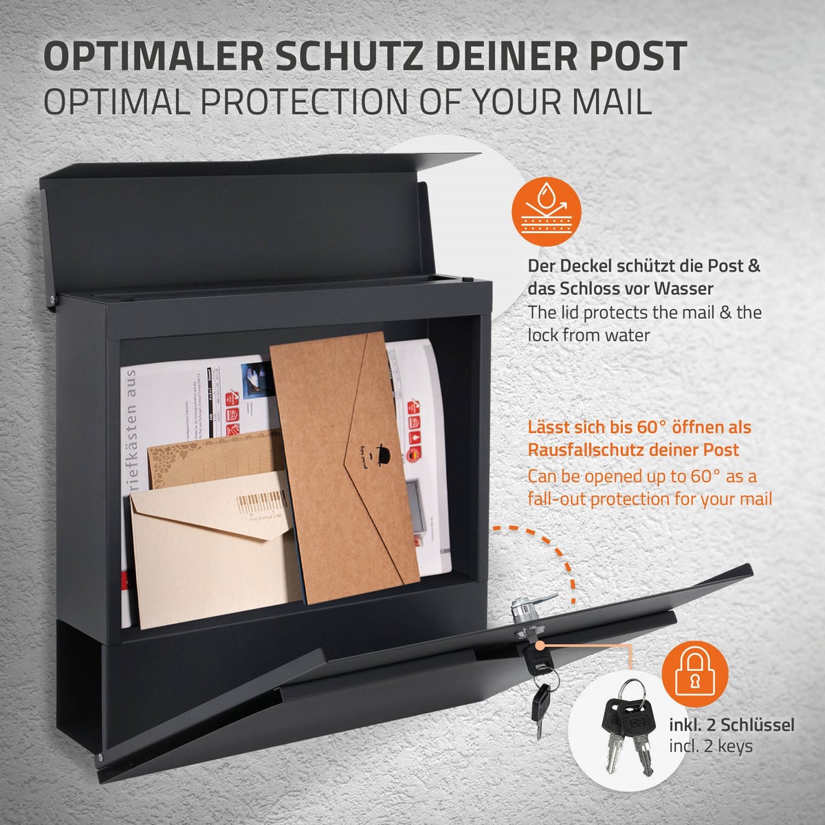 ECD Germany vrijstaande brievenbus met krantenvak, design brievenbus met post, brievenbussysteem, brievenbusstandaard antraciet 120cm roestvrij staal, brievenbus antraciet 37x37cm gepoedercoat roestvrij staal