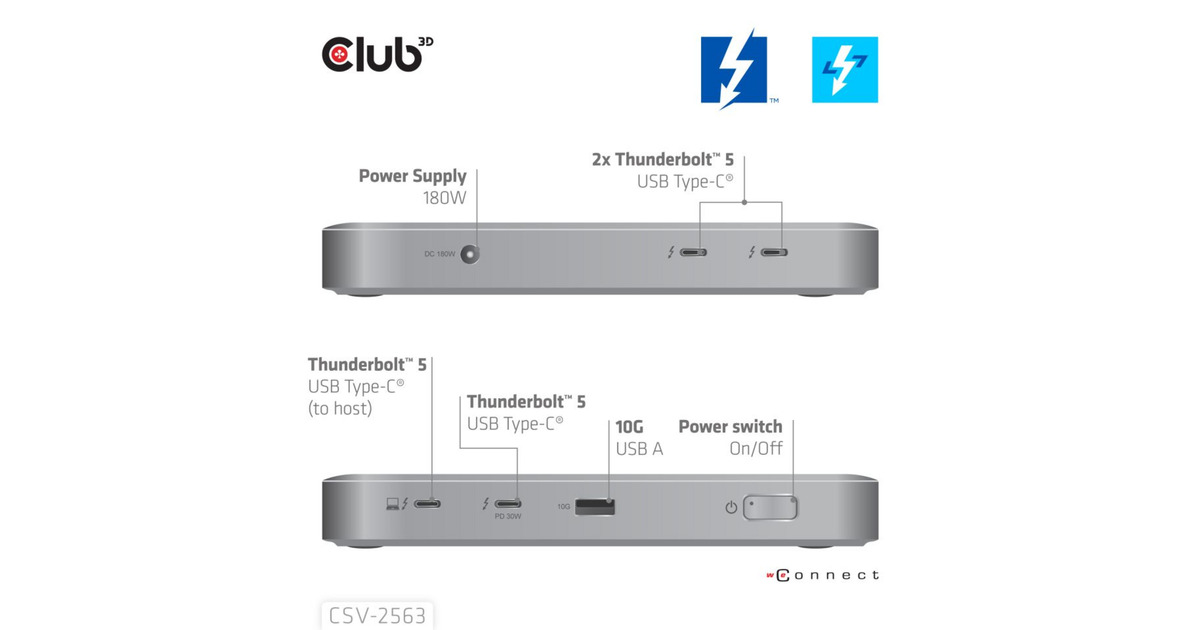 Club 3D5-1 Thunderbolt 5 Hub Triple video dockingstation  (Grijs)