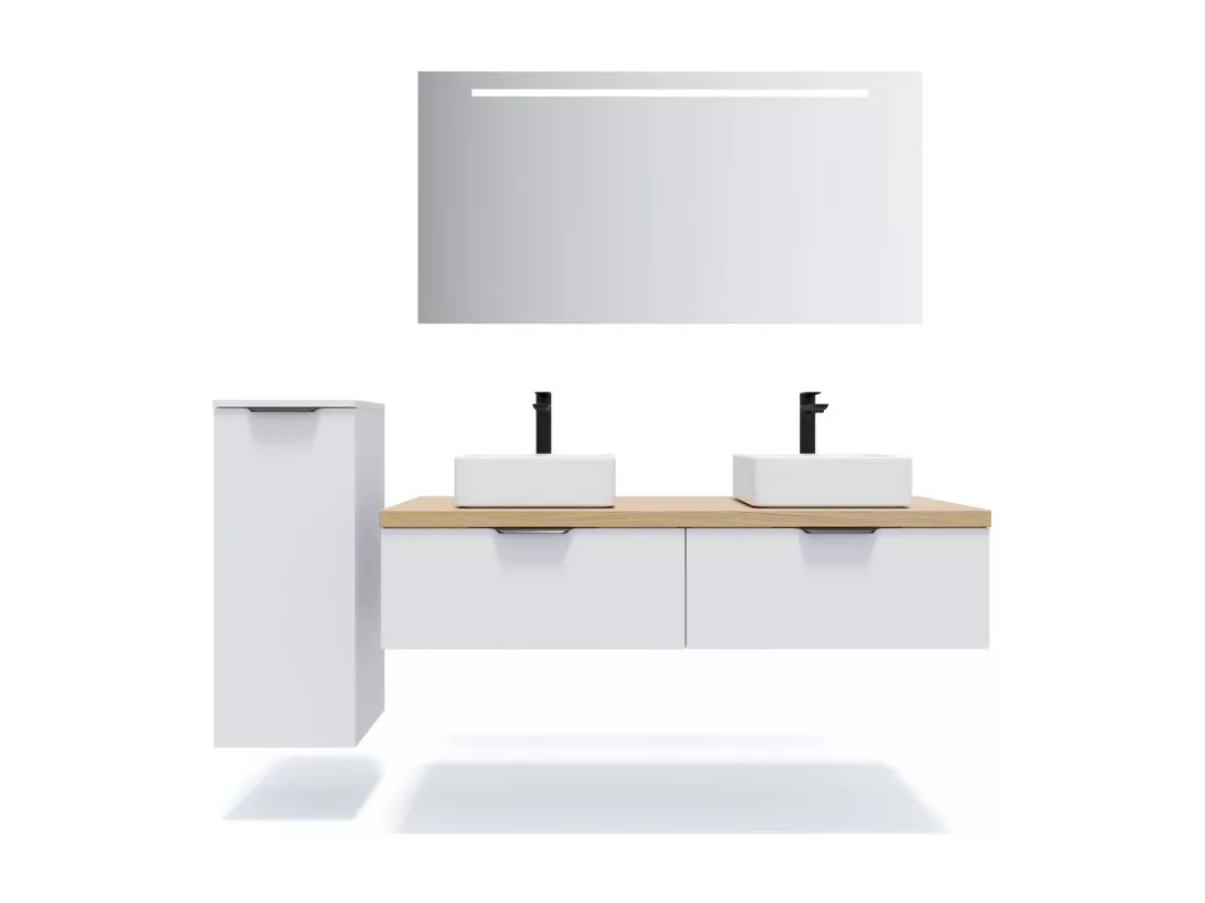 Meuble de salle de bain suspendu 2 vasques à poser 140cm 2 tiroirs Blanc - Soho