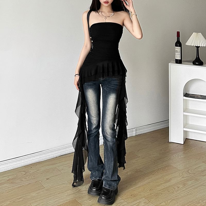 Sugarcoat - Effen asymmetrische top met ruches en gerimpelde rand