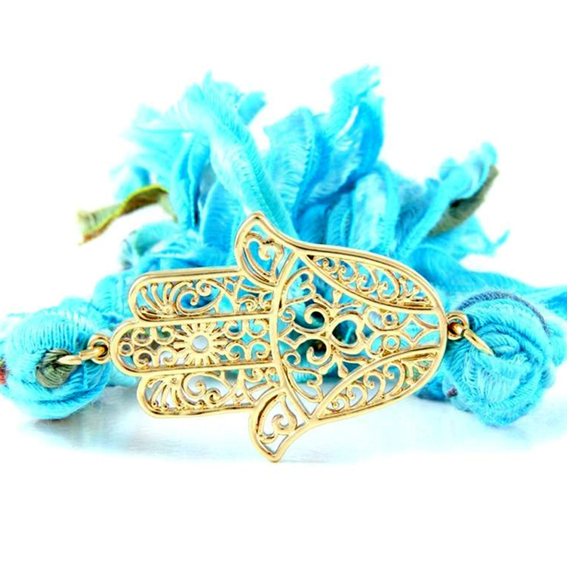 Ettika - Bracelet Hamsa en Or Jaune et Coton Rubans Tressés Bleus