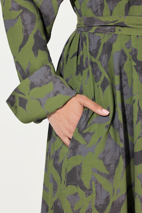Maxikleid, Blätter, A-Linie, Hemdkragen, Langarm