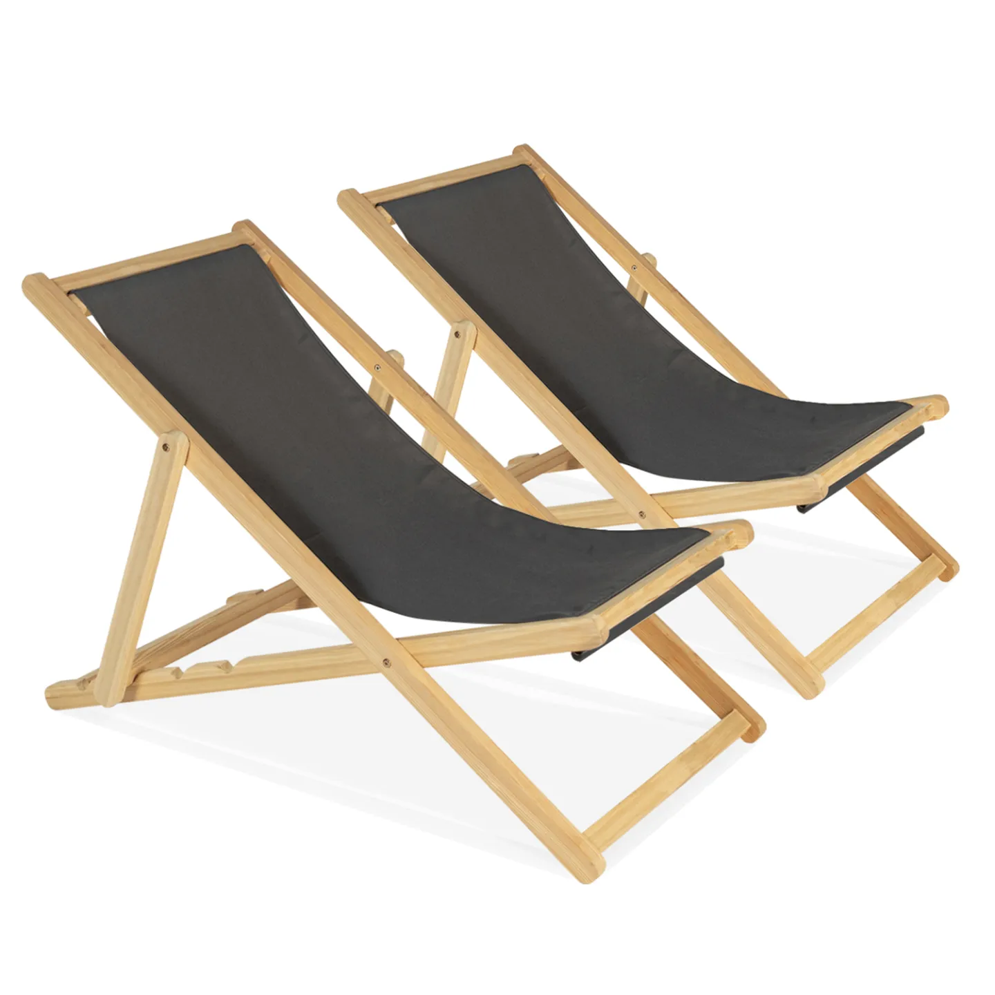 Lot de 2 chaises longues pliantes chilienne bois toile gris anthracite