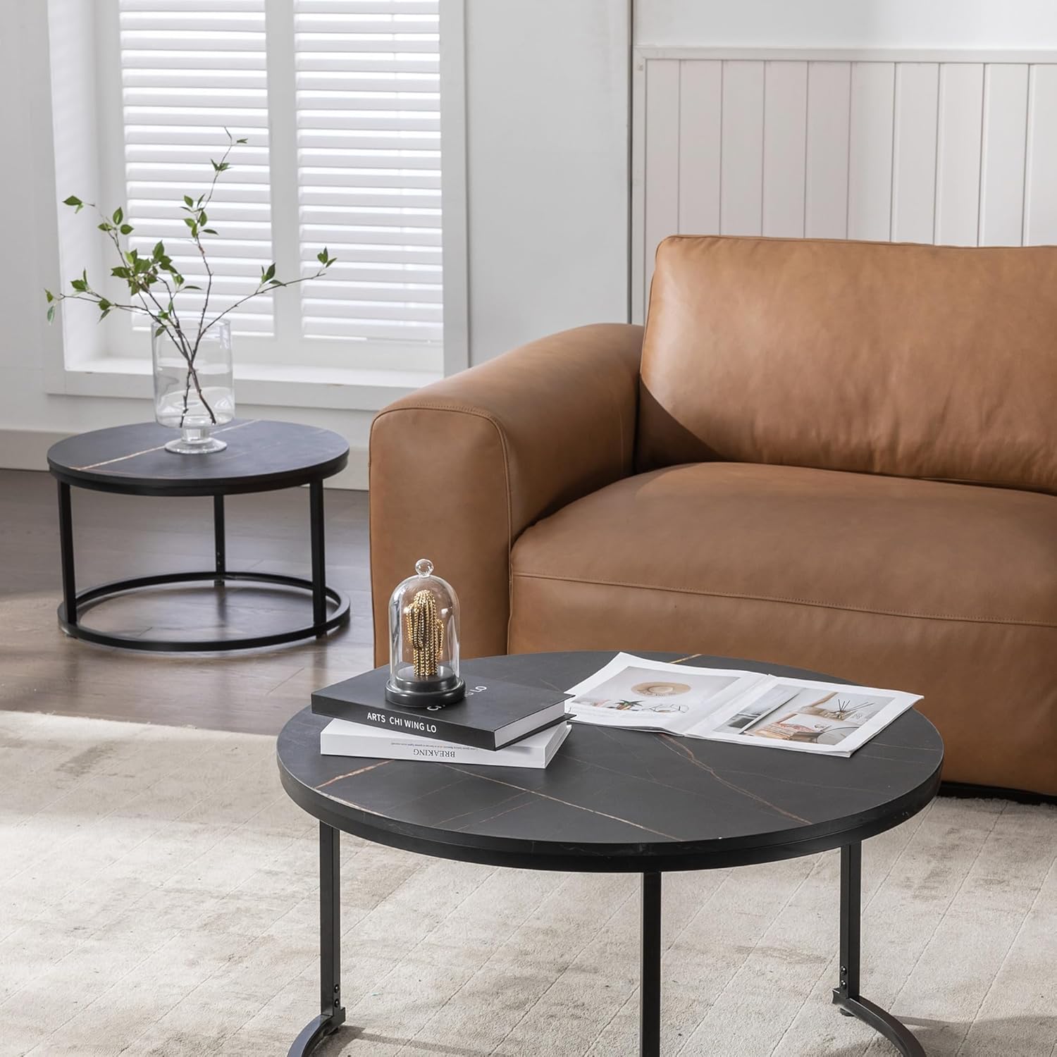 Satztisch mit 2 Set Couchtisch aus Holz, Moderne Kaffeetische 2er Set, Couch Beistelltisch mit Schwarz-Gold Marmor, Runder Sofatisch Wohnzimmer Tisch Riess Ambiente, Dunkel Schwarz