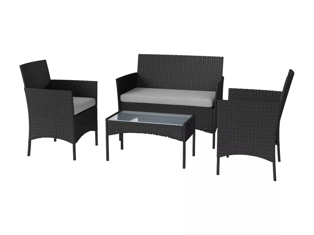 Ensemble salon de jardin 4 personnes 4 pièces résine tressée plateau verre trempé noir gris