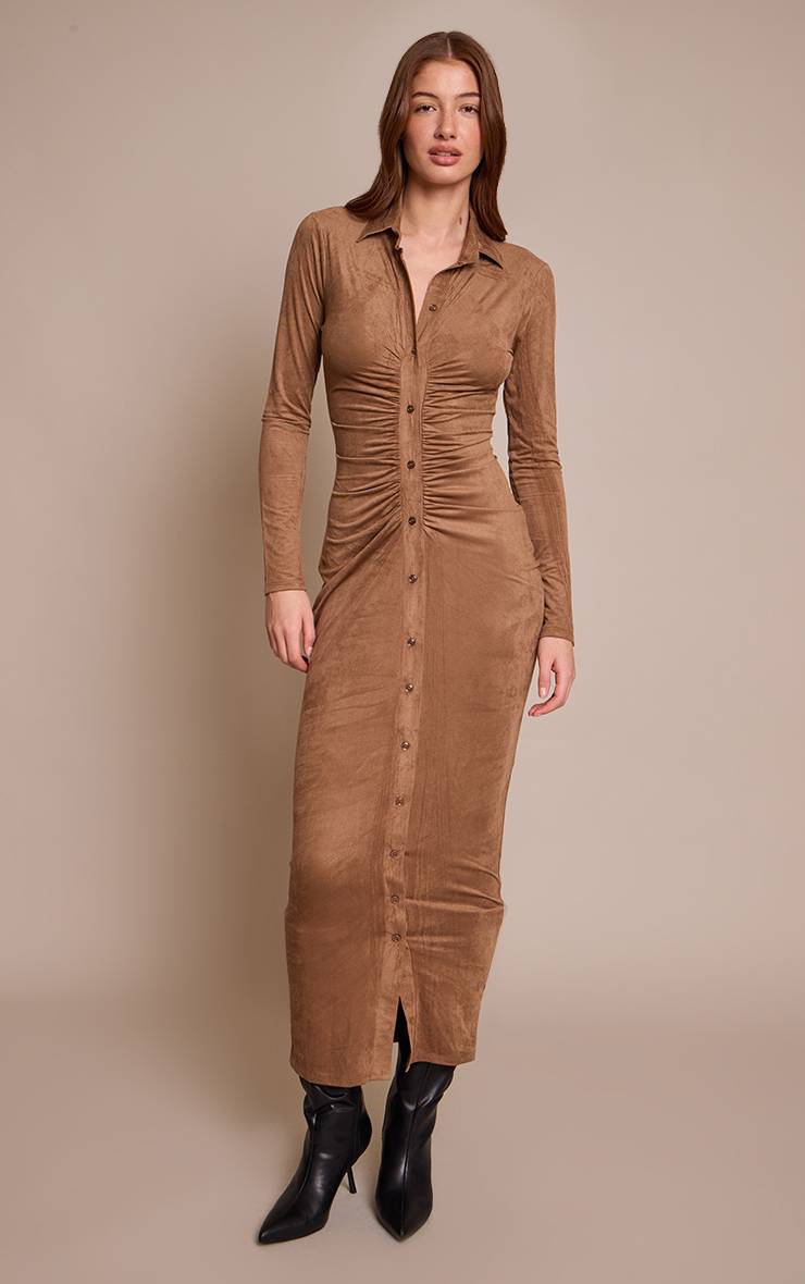 Chocolat Robe Maxi Boutonnée À Manches Longues En Synthétique Froncé
