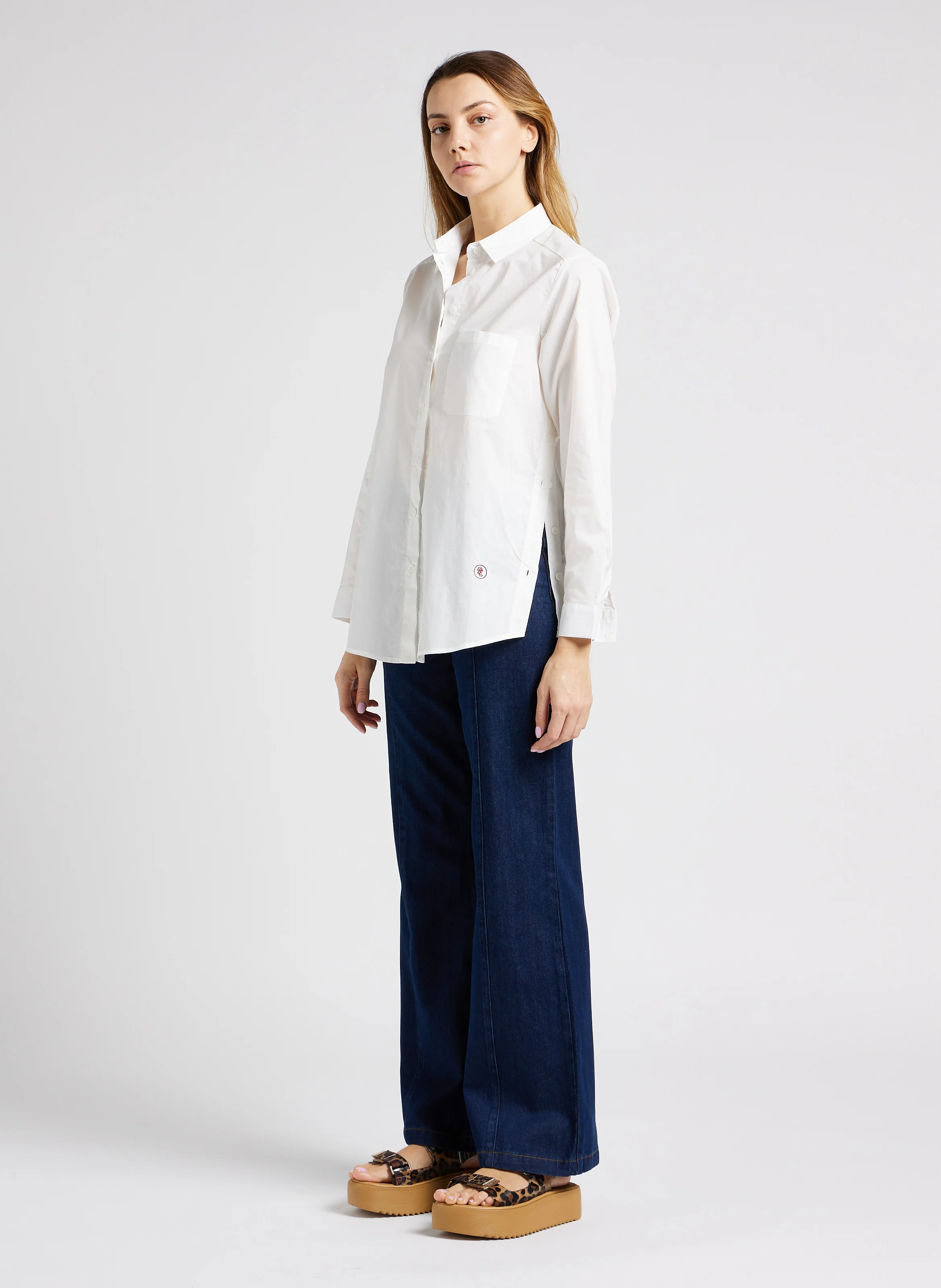 PAULA - Pantalon flare en coton mélangé| Bleu