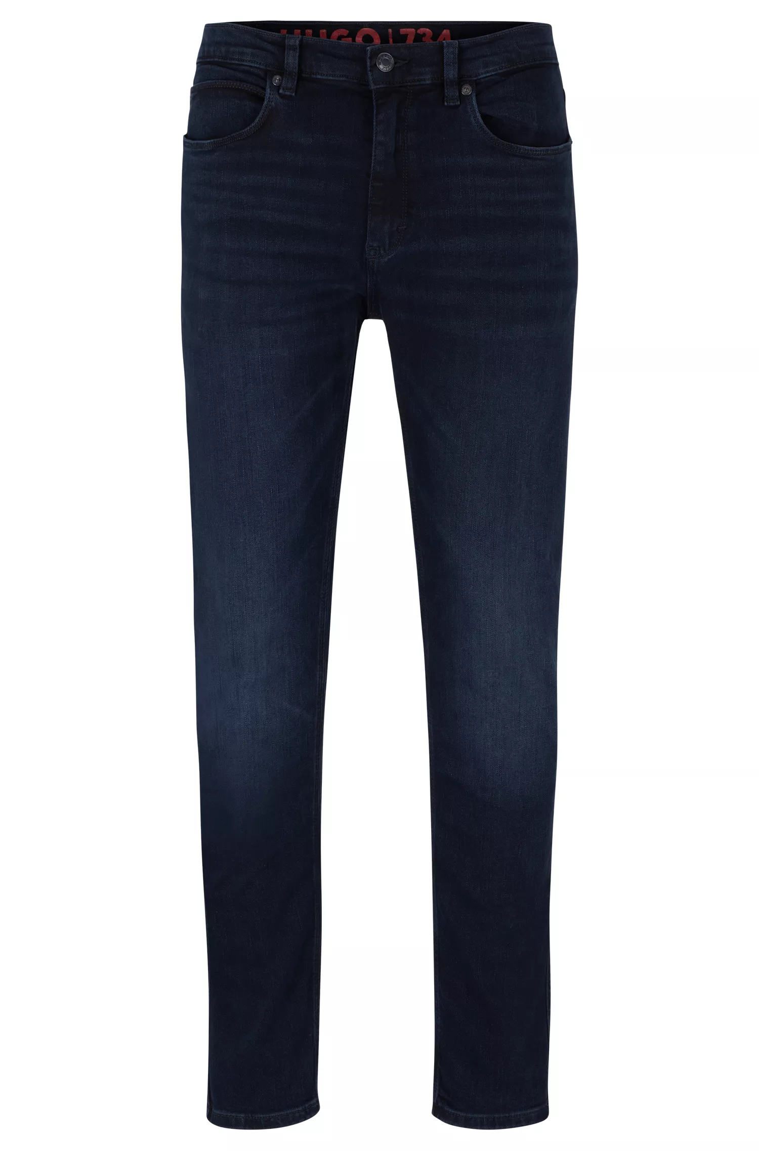 Calça jeans HUGO vermelha, extra slim fit, em denim stretch azul-preto.