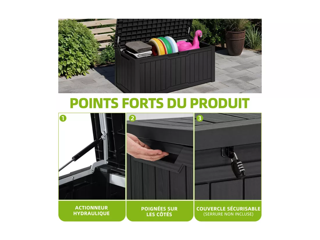 YITAHOME Boîte de Rangement d'Extérieur - Verrouillable - Coffre de Jardin - 142 x 67 x 69 cm - Table Polyvalente - Noir