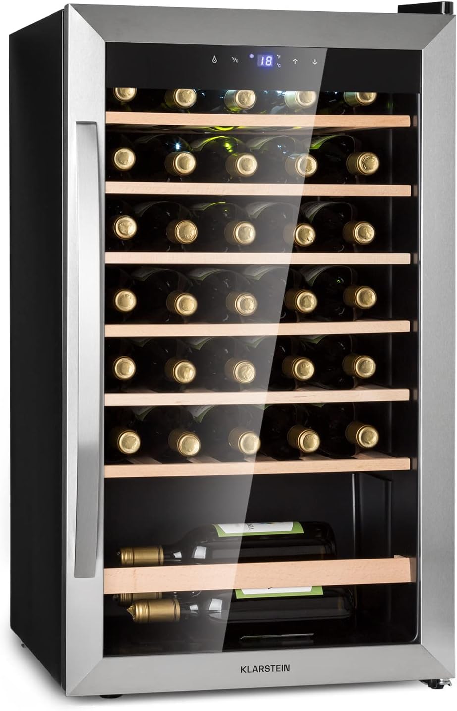 Klarstein Weinkühlschrank, Getränkekühlschrank Schmal, Kühlschrank mit Glastür, Getränkekühlschränke Freistehend, Weinkühlschrank Klein, Weinkühlschränke 1 Zone, LED-Beleuchtung, 4-18 °C, 36 Flaschen