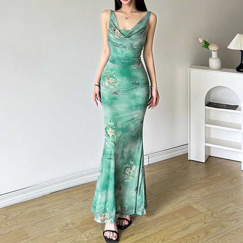 BrickBlack - Spaghettibandjes coljurk met bloemenprint en vlinderprint, maxi-zeemeerminjurk