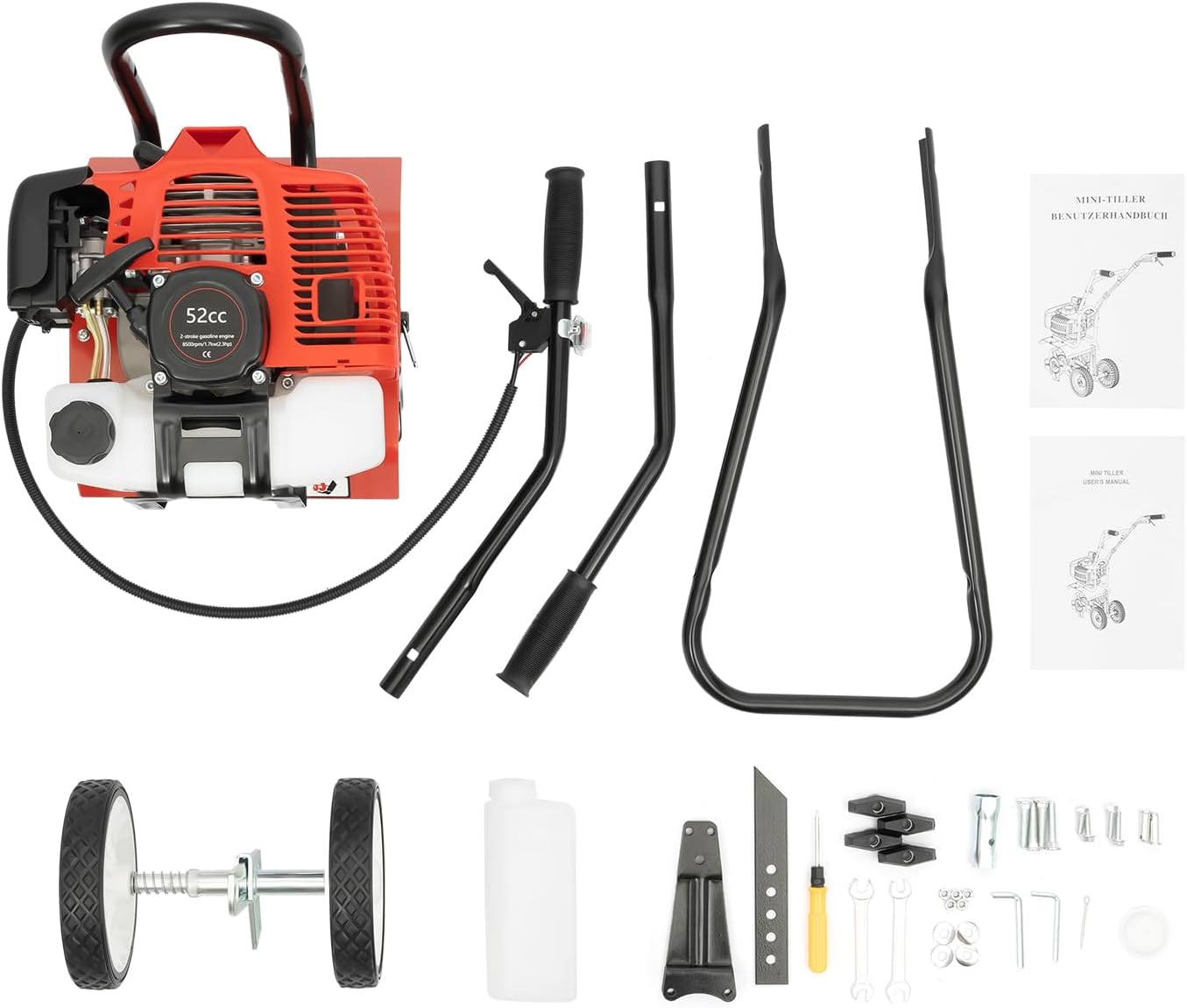 52CC Benzin-Gartenfräse, 2-Takt-Rasenhacke, Motorhacke, Benzin-Leichtbauhacke, leichte, kompakte Gartenfräse mit Sicherheitsgriff zum Auflockern und Pflügen von Rasenflächen und Gärten.