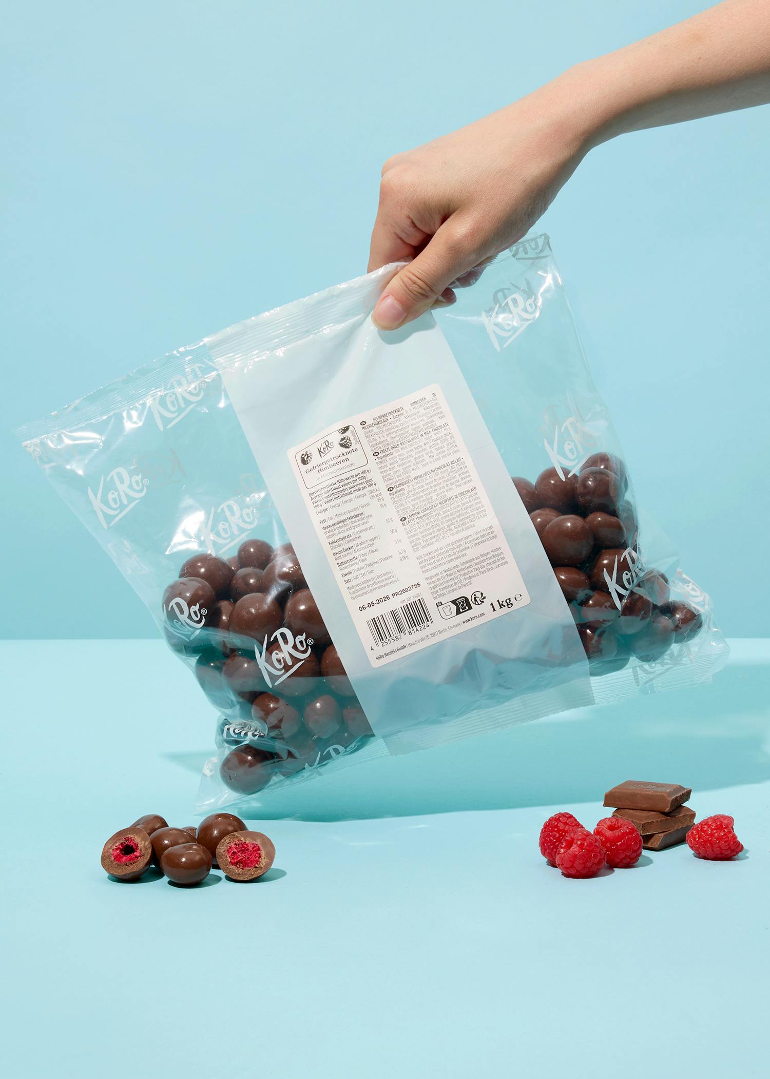 Gefriergetrocknete Himbeeren in Milchschokolade 1 kg