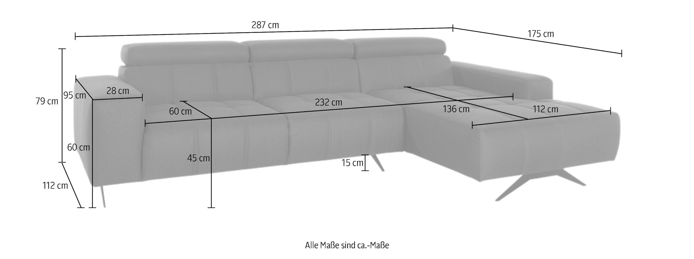 DOMO collection Ecksofa »Trento L-Form, mit Kufenfuss oder Einzelfuss« wahlweise mit Kopfteilverstellung, Recamiere links/rechts bestellbar