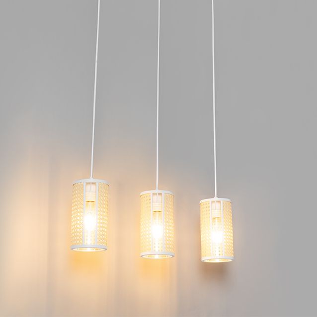 Oosterse hanglamp wit met rotan 3-lichts langwerpig - Akira