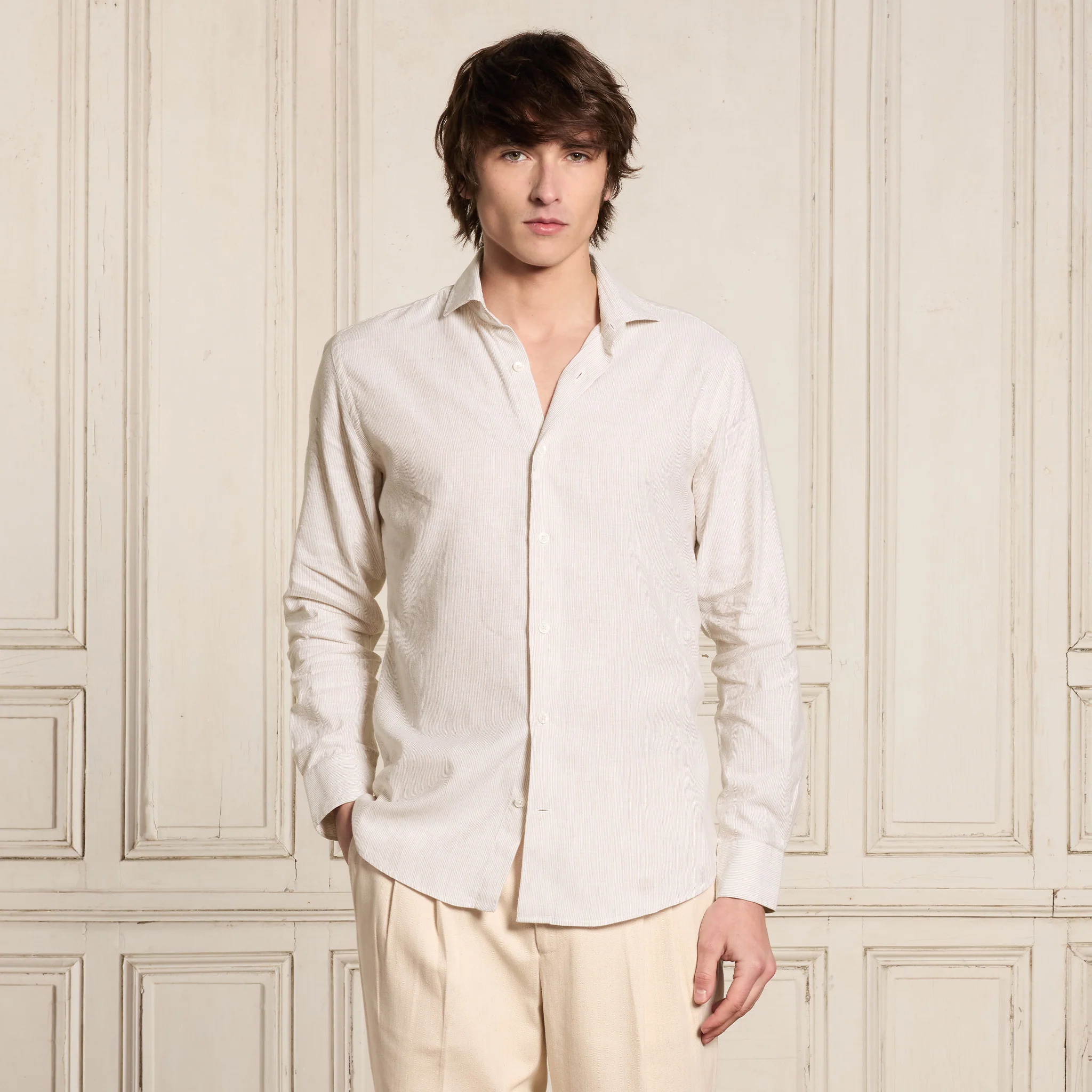 Beige striped cotton and linen shirt