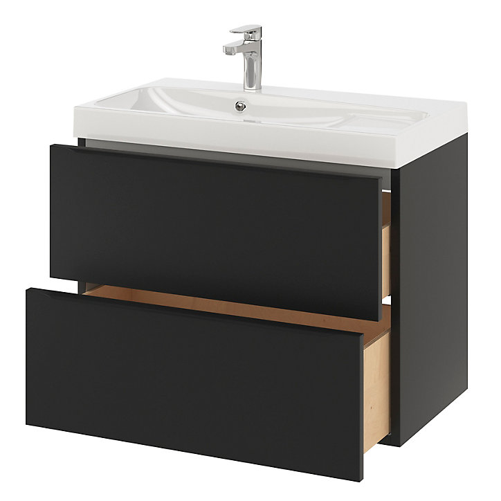 Ensemble salle de bains l.80 cm meuble à suspendre Imandra noir mat + plan vasque résine blanc