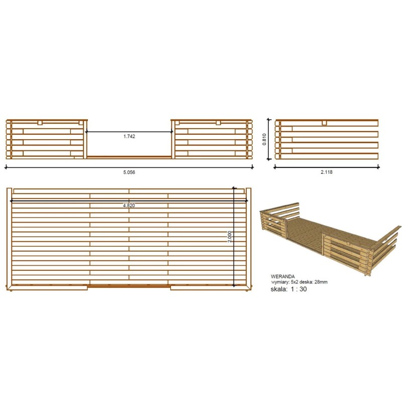 Abri de jardin en bois - 5x5 m - 35 m2 + terrasse avec balustrade et avant-toit en bois