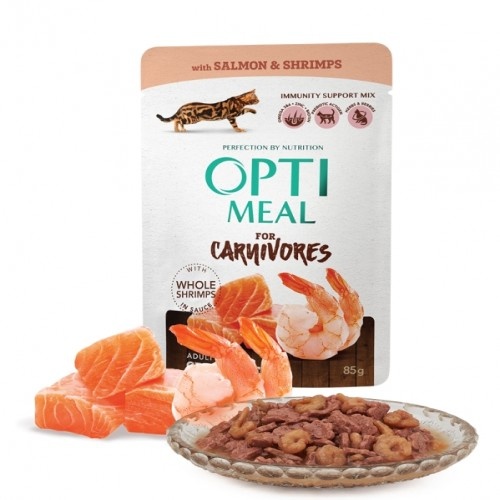 Alimento úmido Optimeal sem grãos para gatos, sabor salmão e camarão.