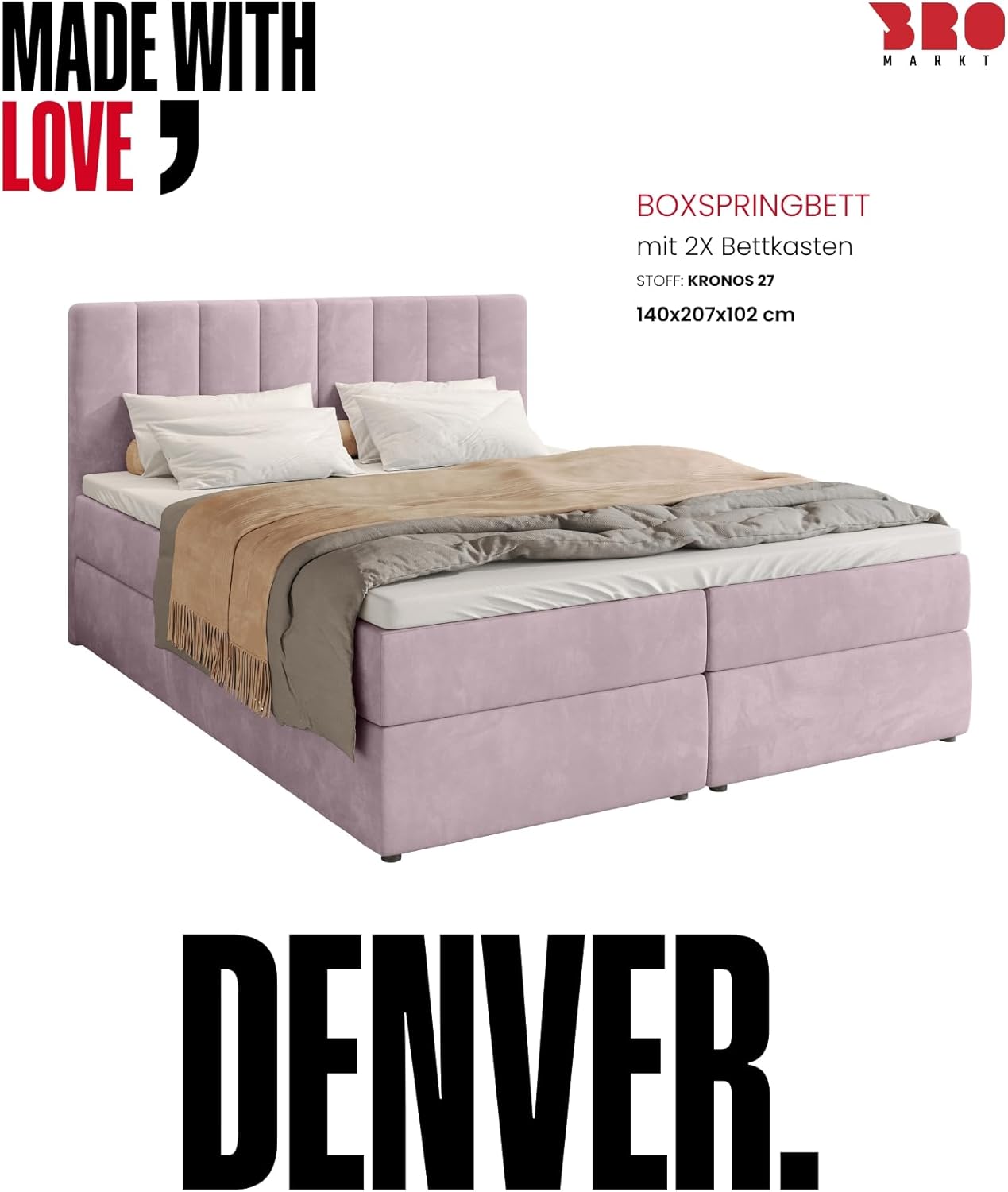 BROMARKT Boxspringbett mit Bonell Matratze Härtegrad H3 140x200cm Polsterbett mit Bettkasten Doppelbett mit Topper gepolsterte Kopfstütze Bett für Schlafzimmer Denver Puderrosa