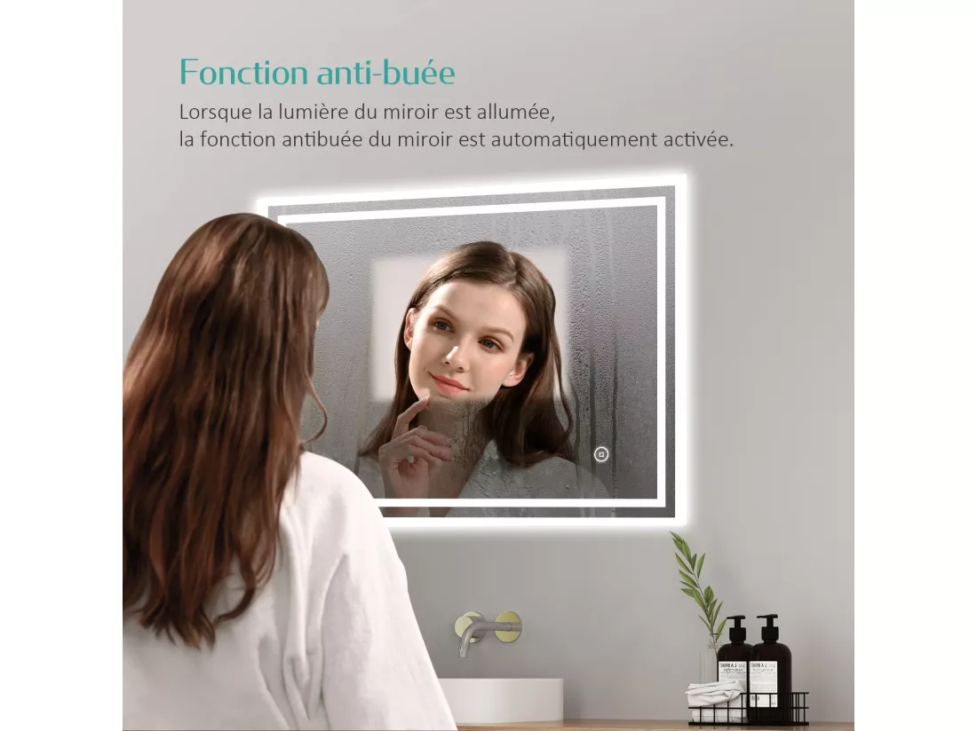 EMKE Miroir lumineux salle de bain 60x100cm, Miroir avec l'éclairage, Interrupteur Tactile, Anti-buée, Miroir LED avec Lumière Blanche Froide