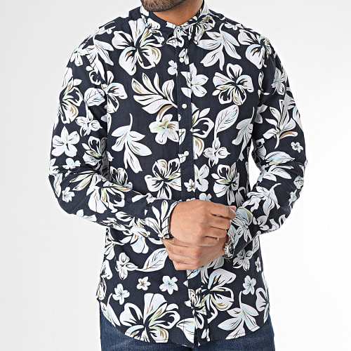 Chemise Manches Longues Summer Linen Print Bleu Marine Blanc Floral