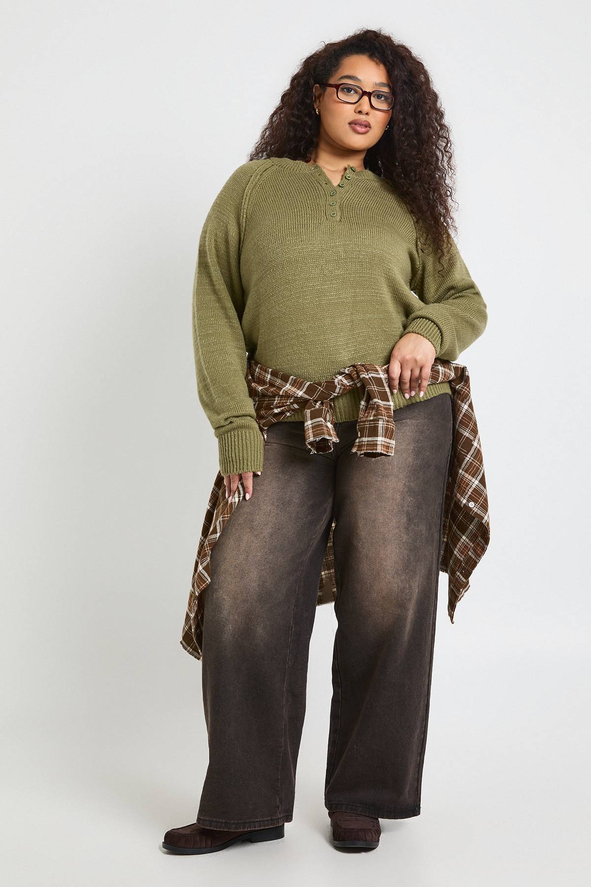 boohoo synthétiquell Tricoté Henley Grande Taille à Coutures Apparentes