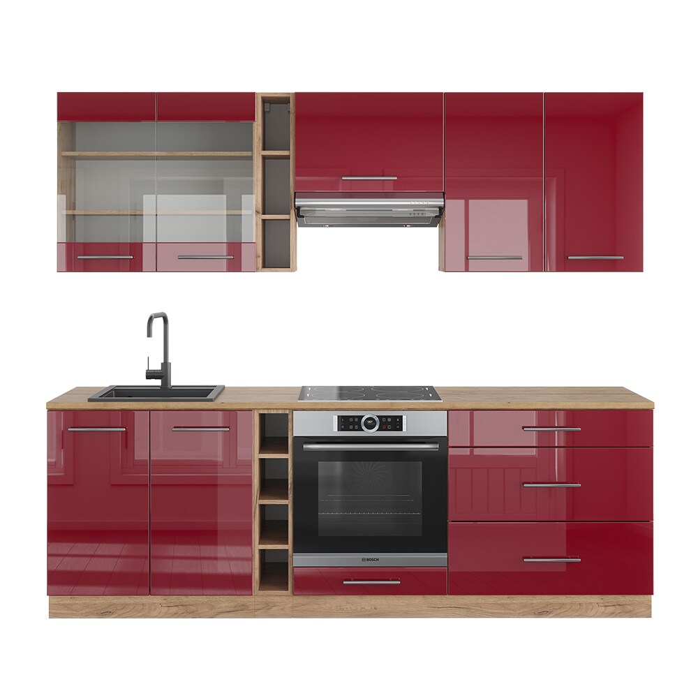 Vicco Küchenzeile Küchenblock Einbauküche Fame-Line Eiche Bordeaux Rot 235 cm modern Hochglanz Küchen Schränke Hängeglasschrank Hängeschrank Schubladenunterschrank Spülenunterschrank Herdumbauschrank