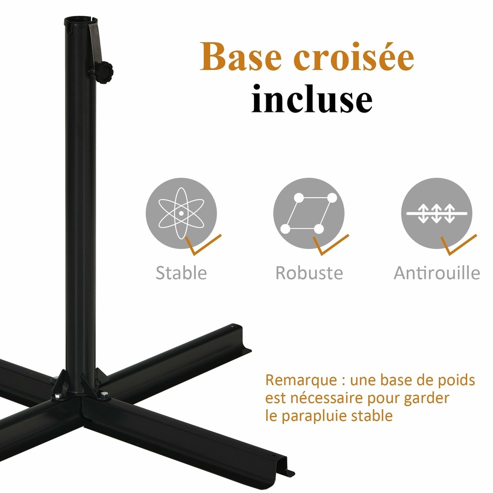 Parasol de jardin déporté 3 m avec manivelle inclinable pied en croix 16 baleines fibre de verre hauteur 2 66m pour jardin be