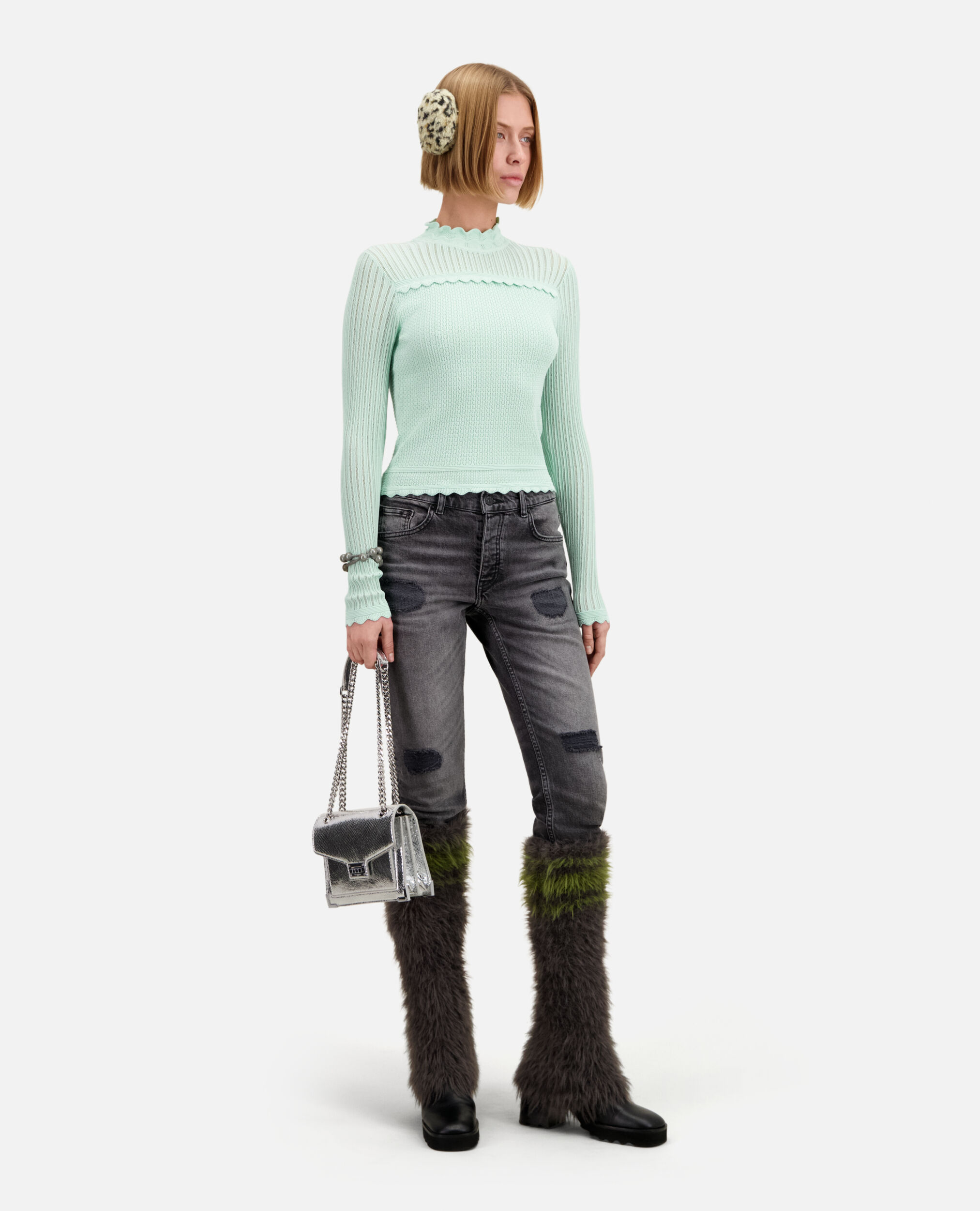 Cropped almond green sweater in openwork knit