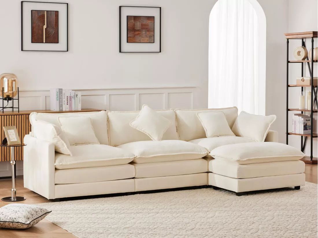 Canapé d'angle 3 places en chenille - avec un repose-pieds modulable - Beige