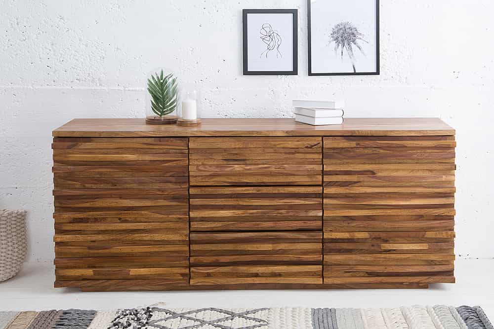 Massivholz Sideboard RELIEF 160cm braun Sheesham stone finish Kommode mit Schubladen